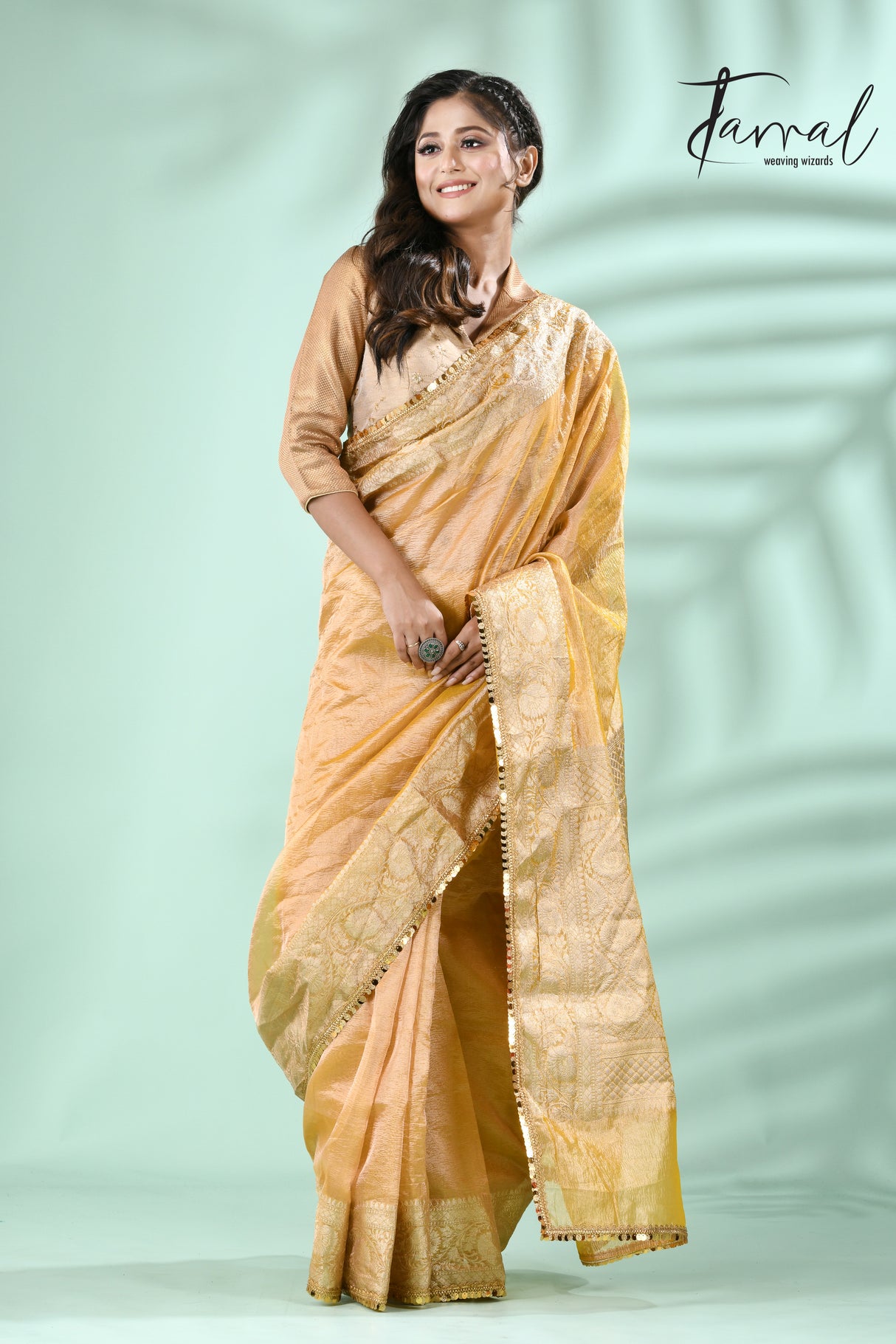 Golden yellow with sequins crape tissue silk Banarasi handloom saree - Tamal Boutique