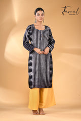 Black with grey striped motifs handcrafted batik with Kantha stitch work pure silk kurti