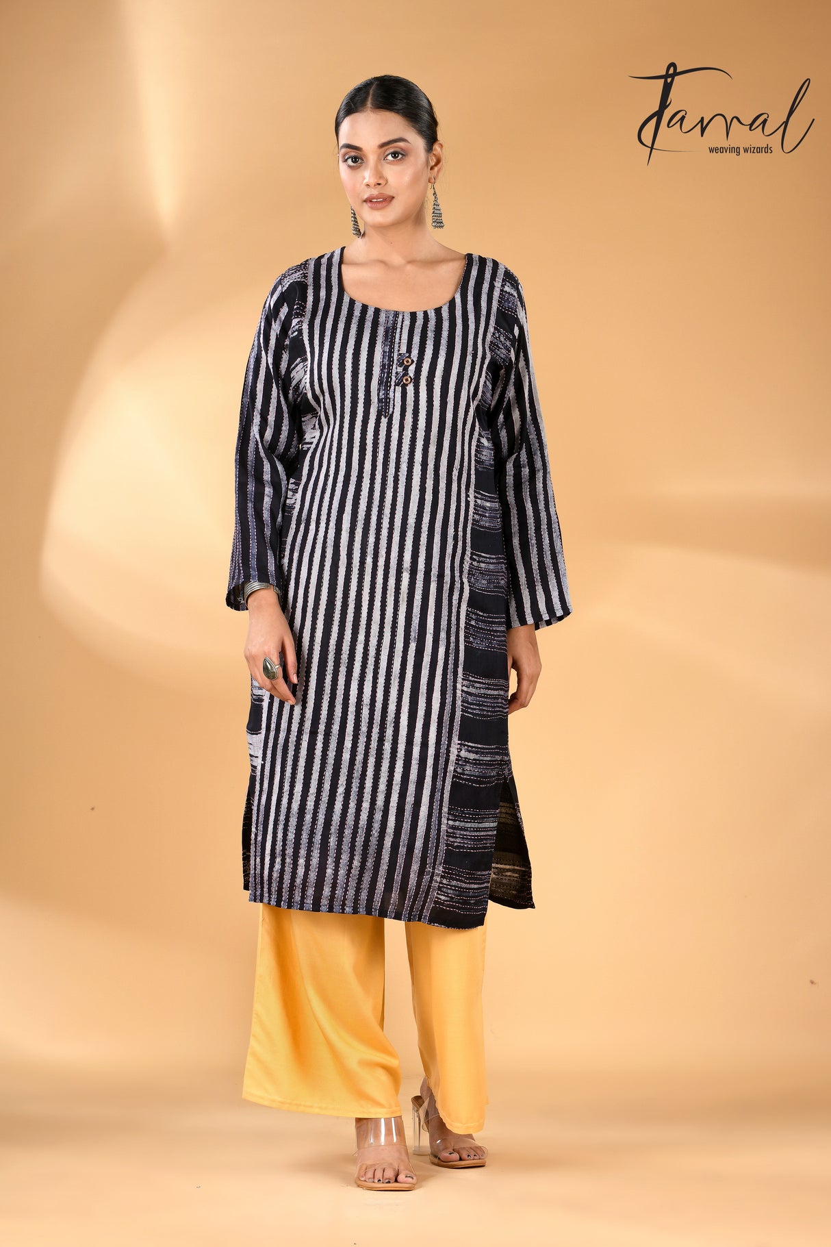 Black with grey striped motifs handcrafted batik with Kantha stitch work pure silk kurti