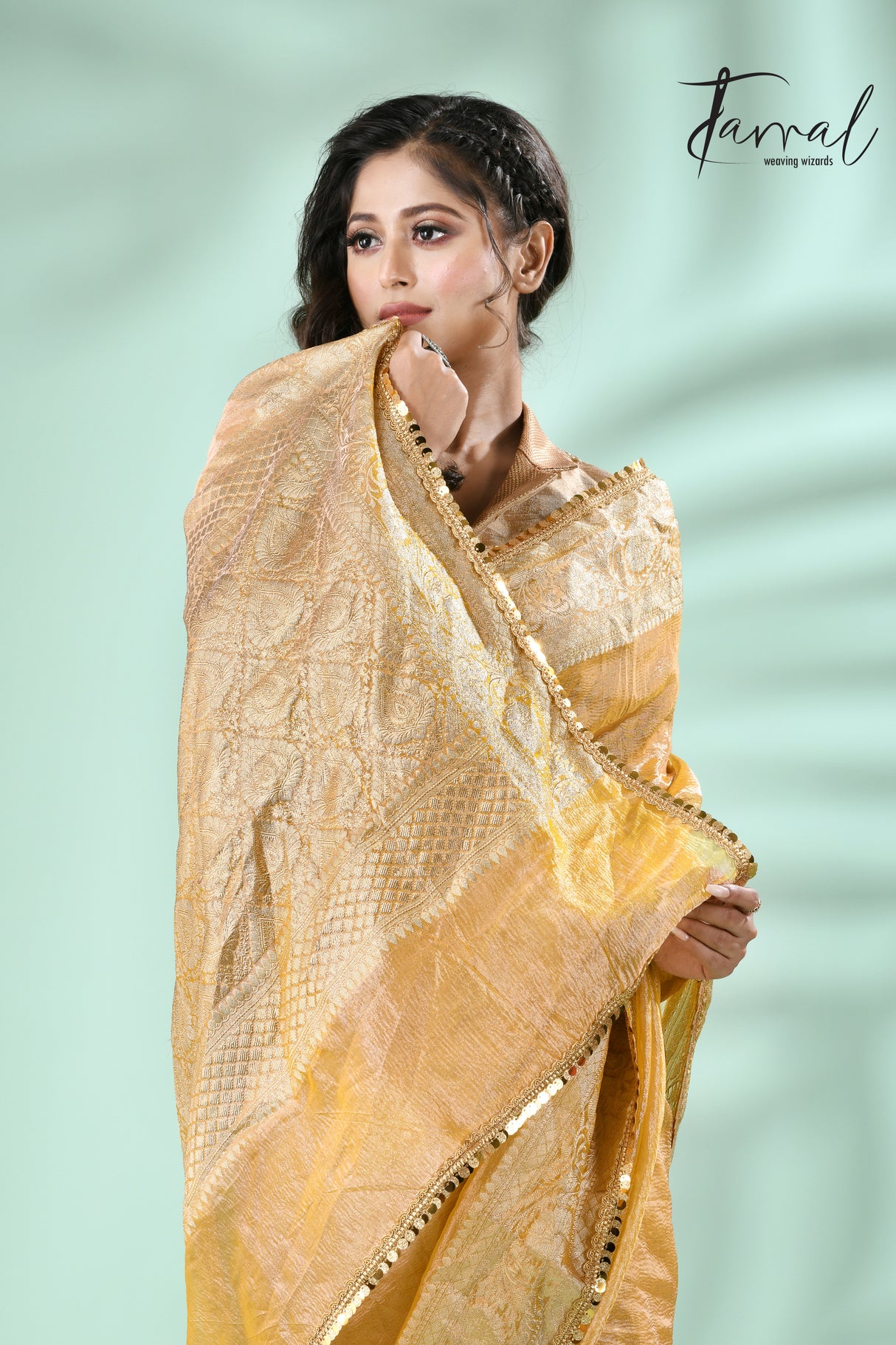 Golden yellow with sequins crape tissue silk Banarasi handloom saree - Tamal Boutique