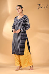 Black with grey striped motifs handcrafted batik with Kantha stitch work pure silk kurti