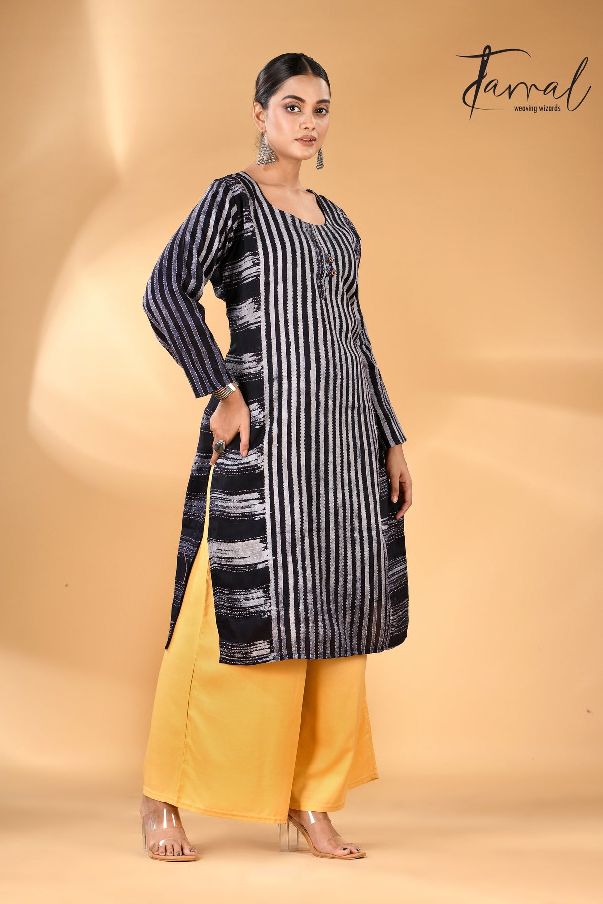 Black with grey striped motifs handcrafted batik with Kantha stitch work pure silk kurti