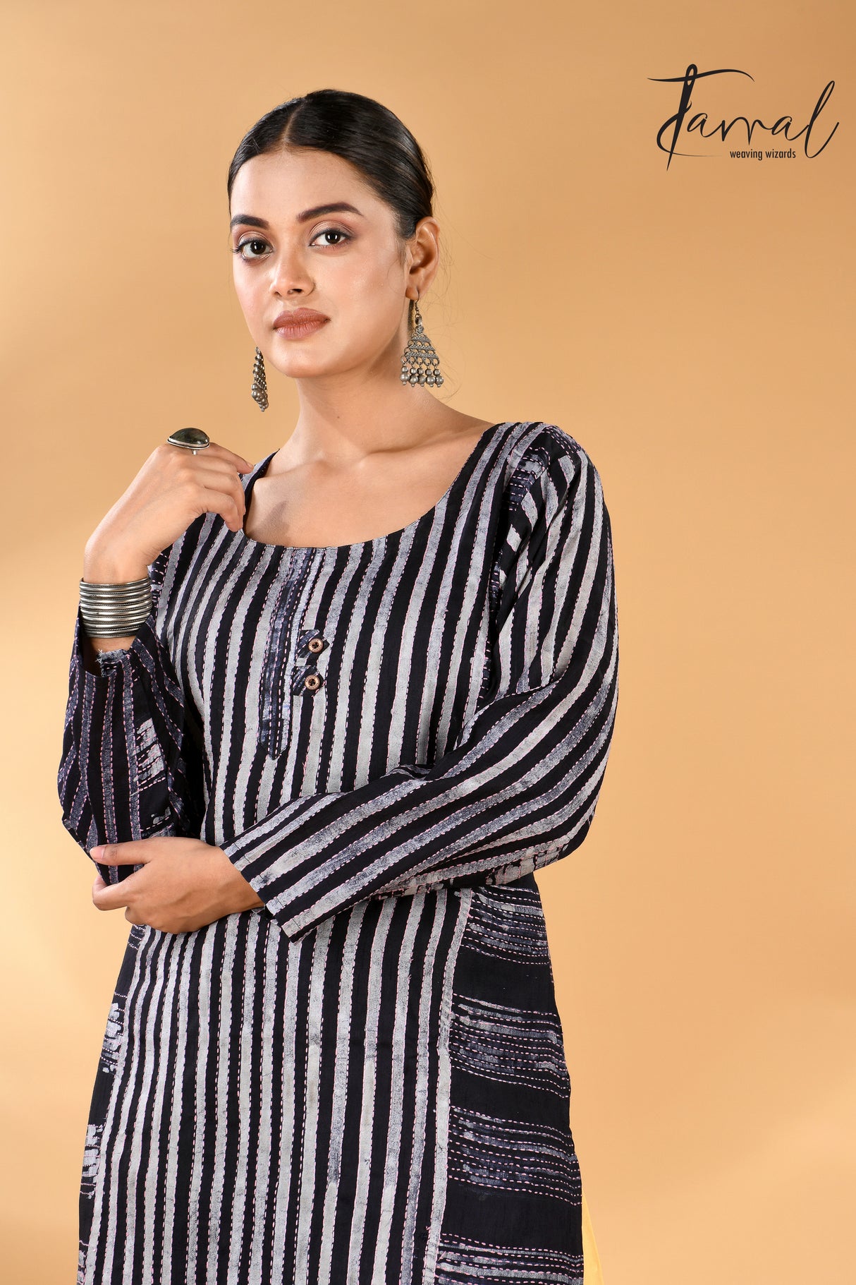 Black with grey striped motifs handcrafted batik with Kantha stitch work pure silk kurti