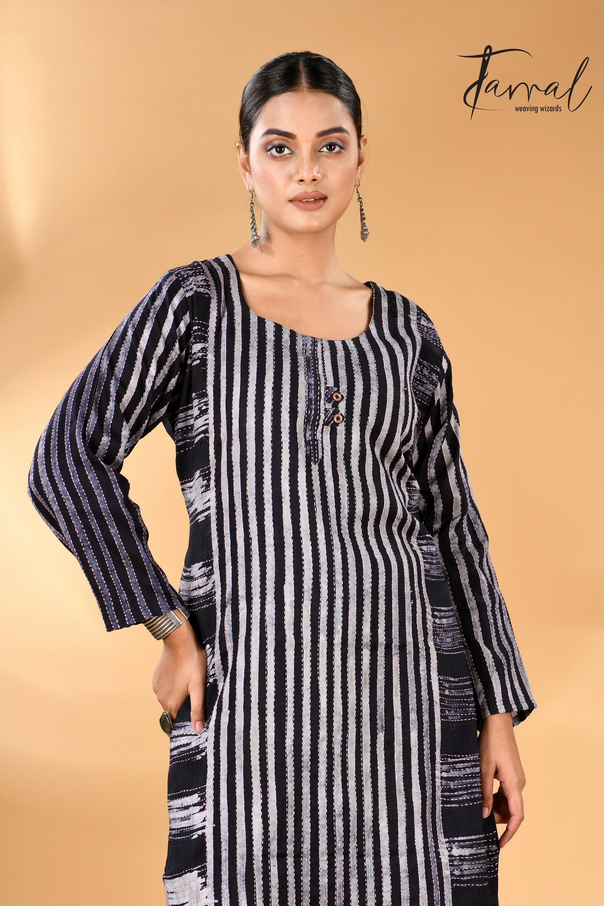 Black with grey striped motifs handcrafted batik with Kantha stitch work pure silk kurti