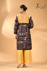 Golden yellow with black handcrafted batik with Kantha stitch work pure silk kurti