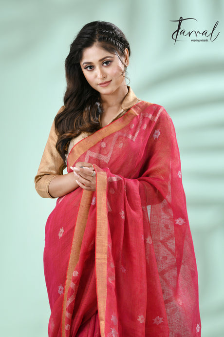 Strawberry with golden zari border tissue linen temple floral design handwoven jamdani saree - Tamal Boutique