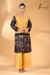 Golden yellow with black handcrafted batik with Kantha stitch work pure silk kurti