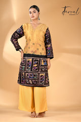 Golden yellow with black handcrafted batik with Kantha stitch work pure silk kurti