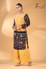 Golden yellow with black handcrafted batik with Kantha stitch work pure silk kurti