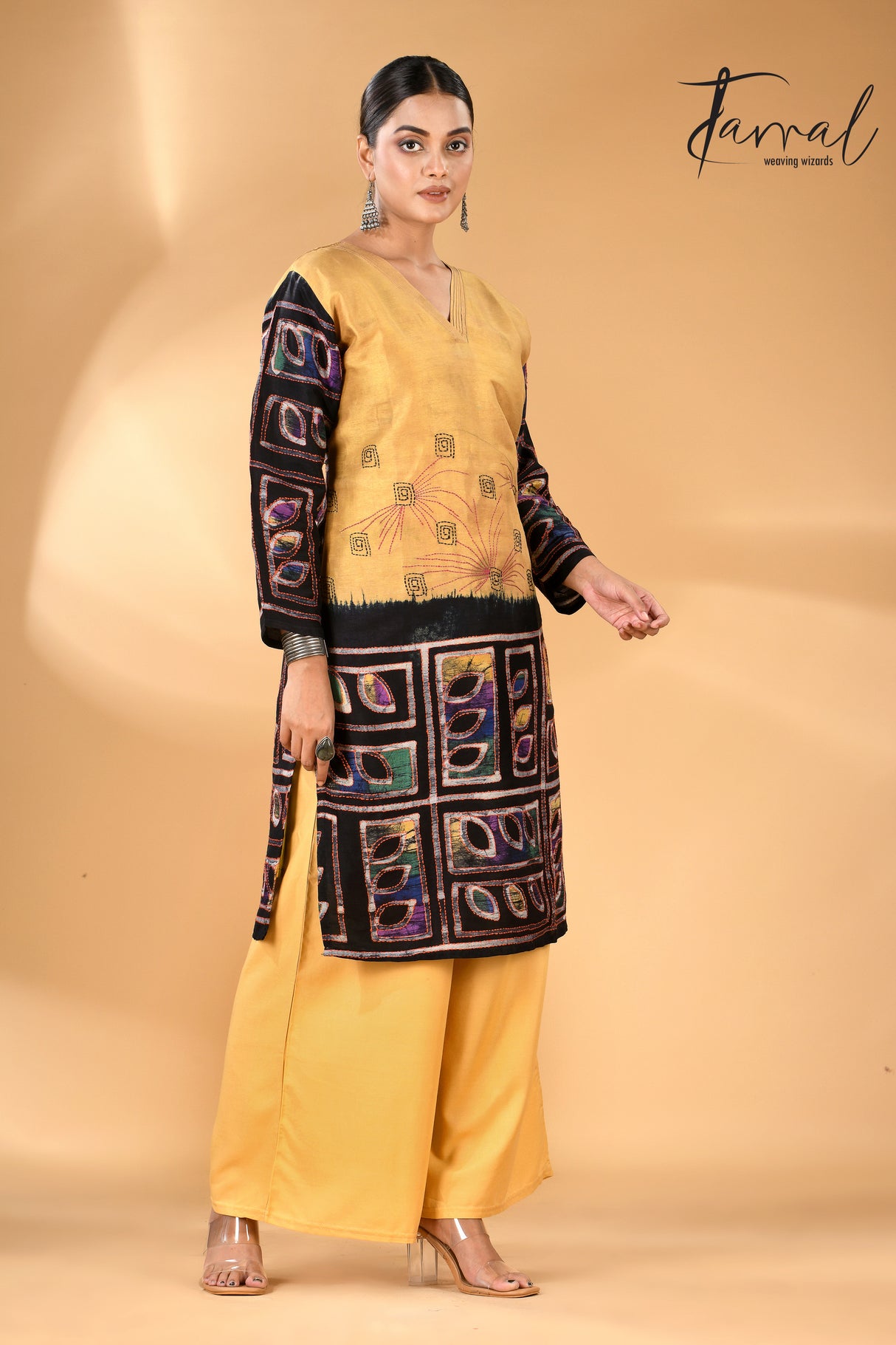 Golden yellow with black handcrafted batik with Kantha stitch work pure silk kurti