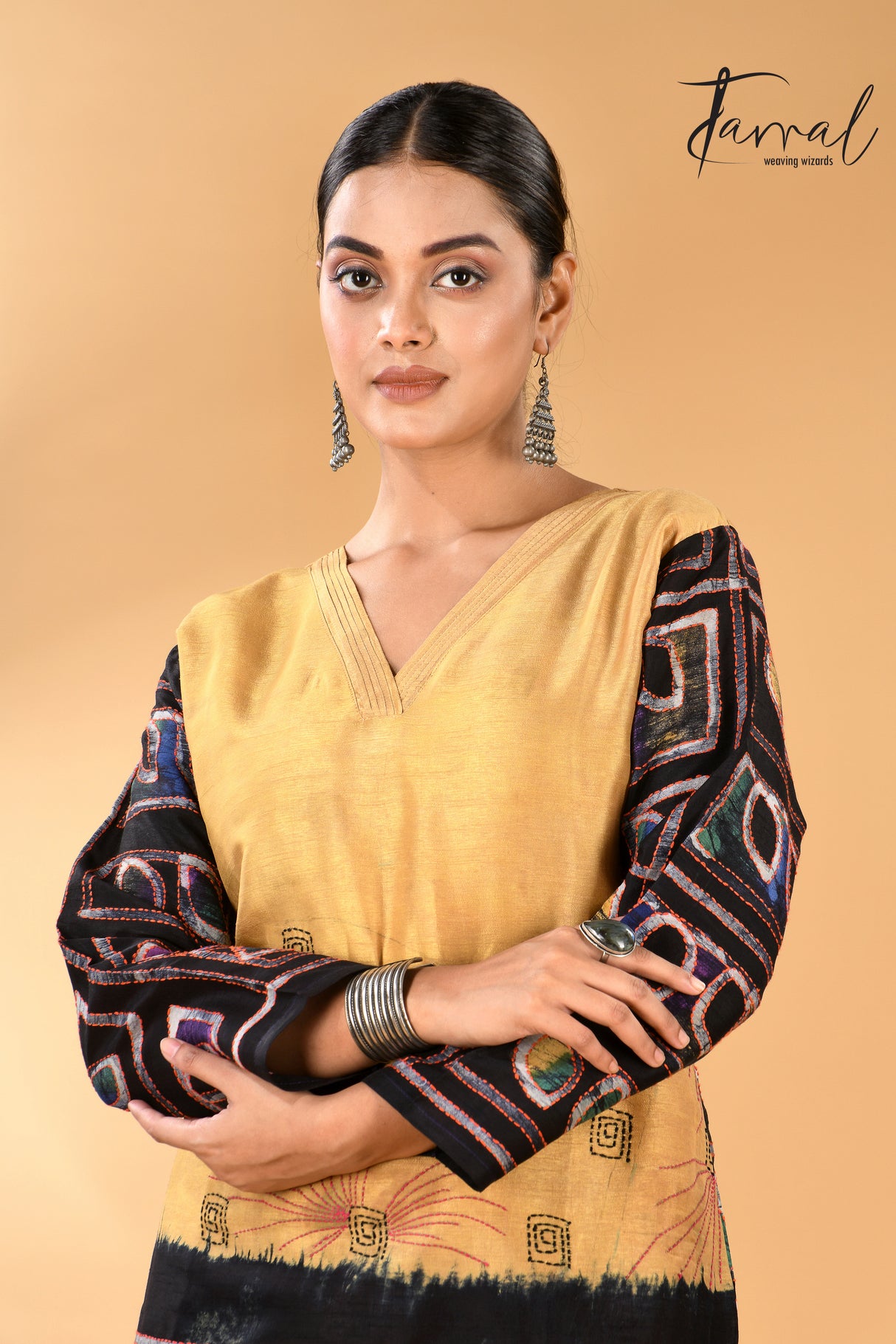 Golden yellow with black handcrafted batik with Kantha stitch work pure silk kurti