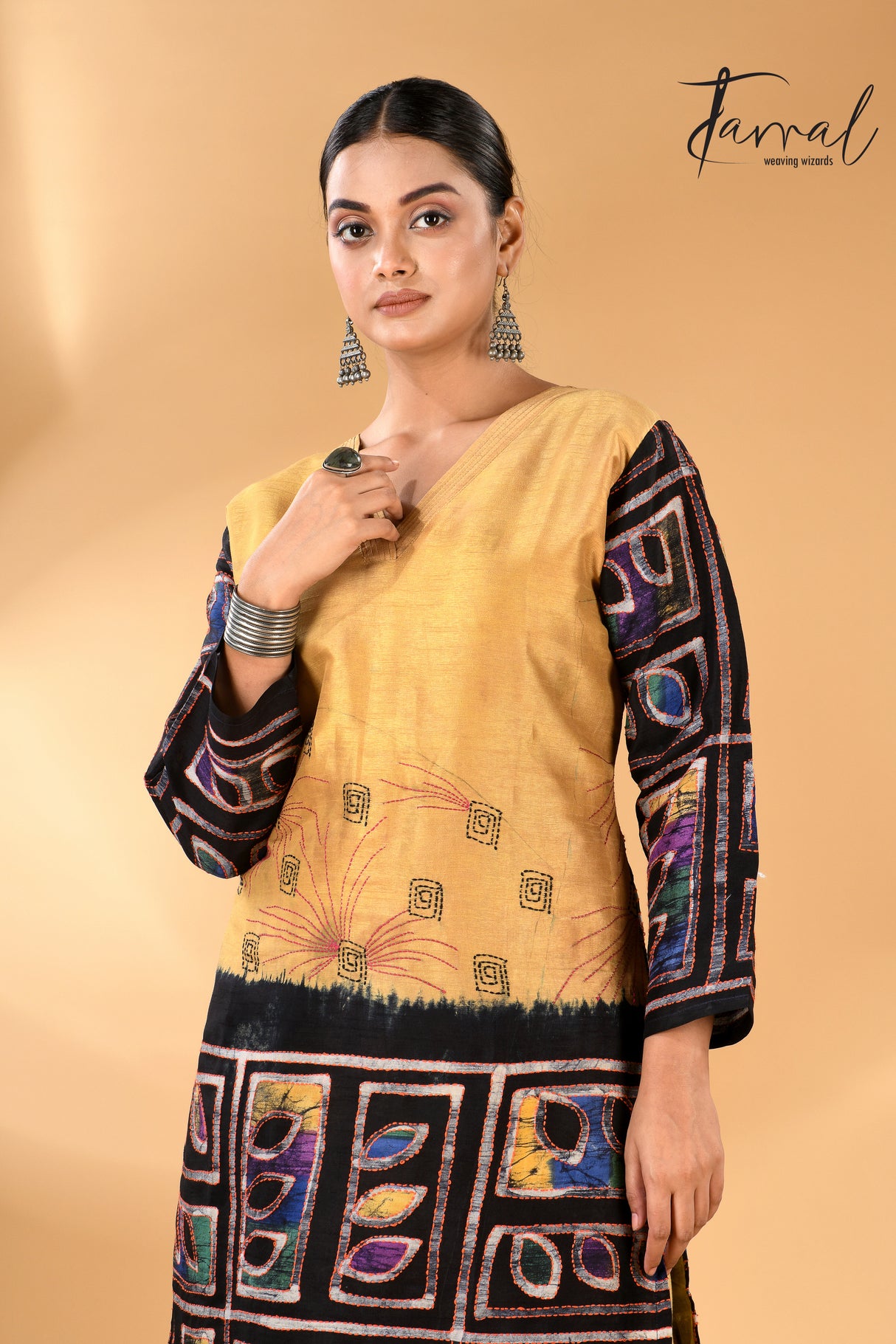 Golden yellow with black handcrafted batik with Kantha stitch work pure silk kurti