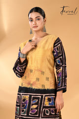 Golden yellow with black handcrafted batik with Kantha stitch work pure silk kurti