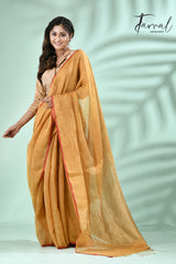 Yellow with red border zari linen handloom saree