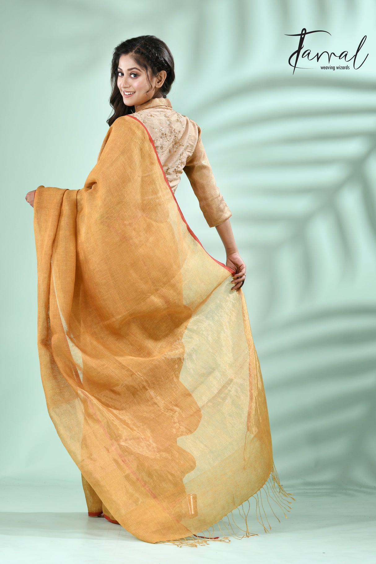 Yellow with red border zari linen handloom saree - Tamal Boutique