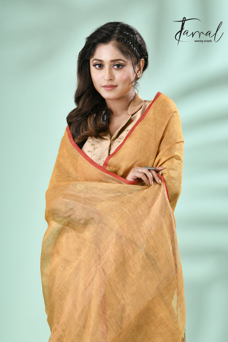 Yellow with red border zari linen handloom saree - Tamal Boutique