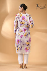 White rani & purple handcrafted batik with Kantha stitch work pure silk kurti