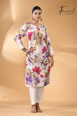 White rani & purple handcrafted batik with Kantha stitch work pure silk kurti