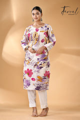 White rani & purple handcrafted batik with Kantha stitch work pure silk kurti