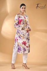 White rani & purple handcrafted batik with Kantha stitch work pure silk kurti