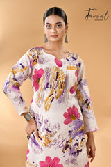 White rani & purple handcrafted batik with Kantha stitch work pure silk kurti