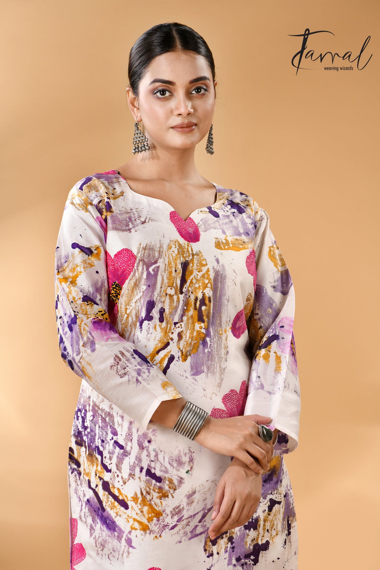 White rani & purple handcrafted batik with Kantha stitch work pure silk kurti