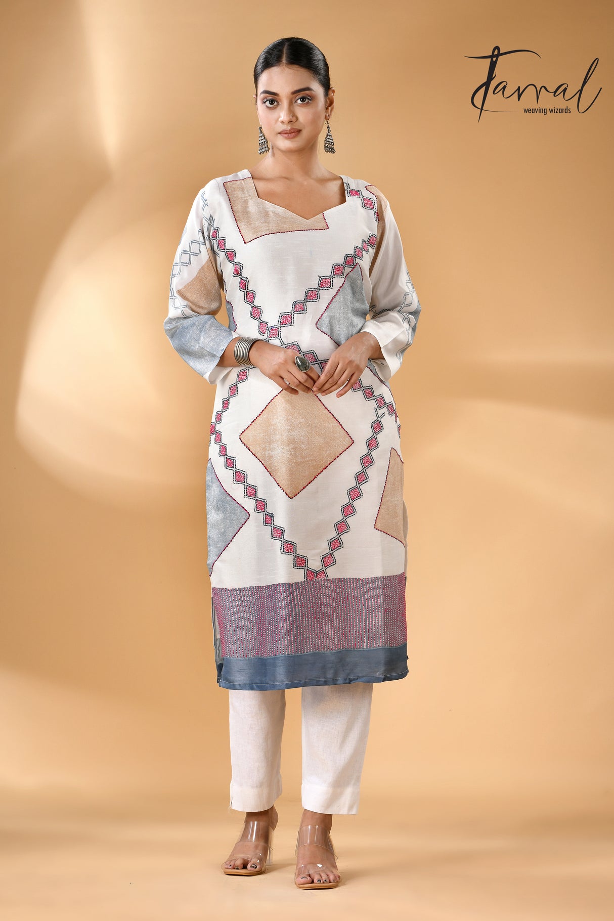 White with diamond motifs handcrafted batik with Kantha stitch work pure silk kurti