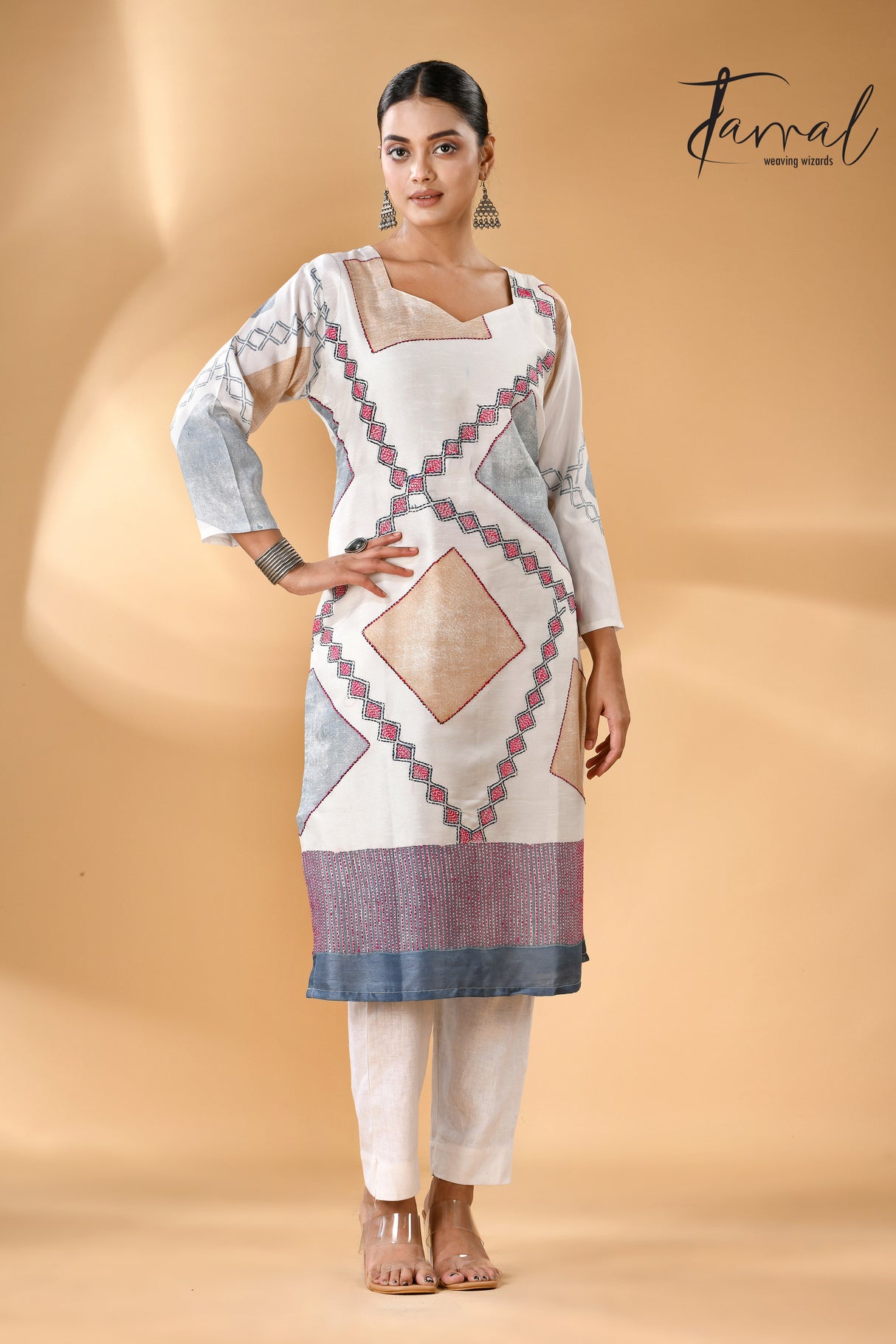 White with diamond motifs handcrafted batik with Kantha stitch work pure silk kurti