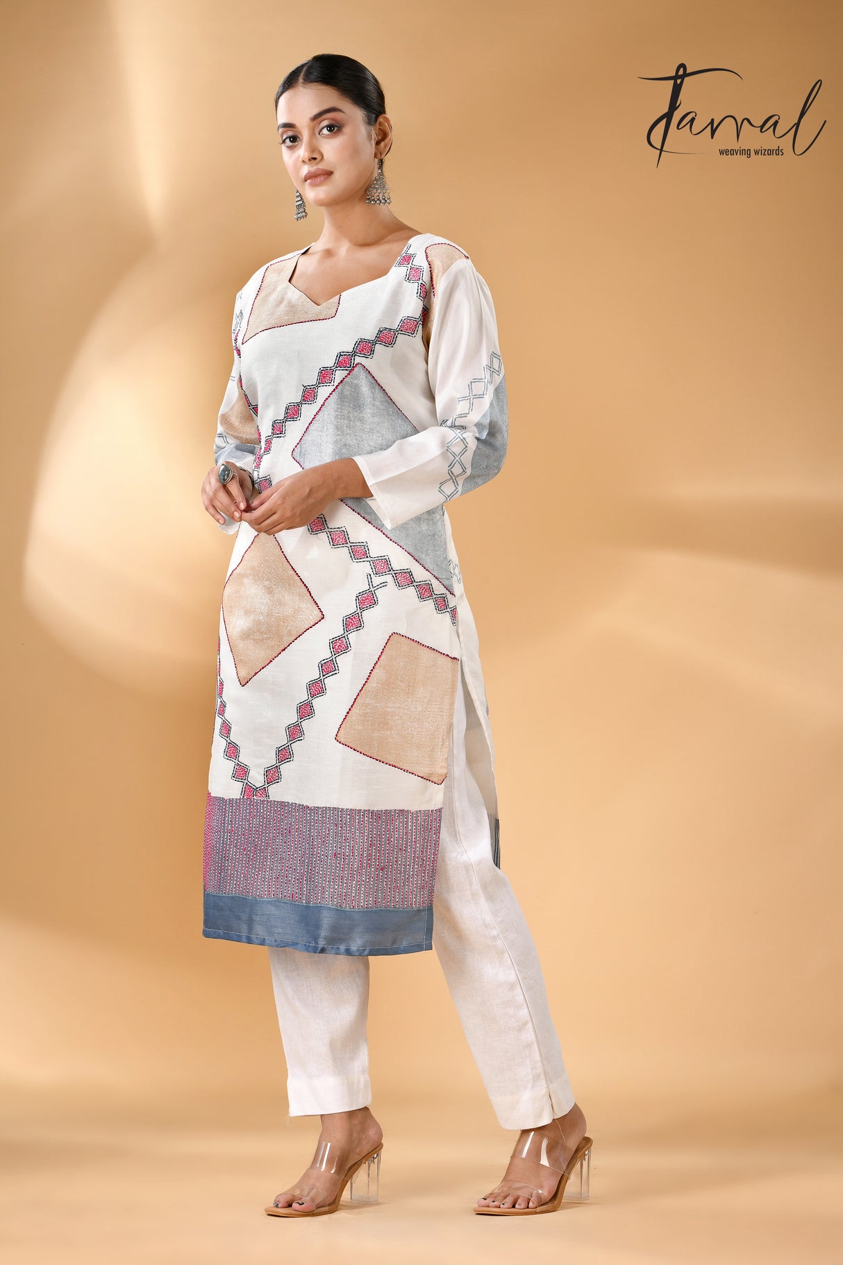 White with diamond motifs handcrafted batik with Kantha stitch work pure silk kurti