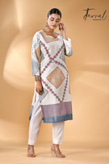 White with diamond motifs handcrafted batik with Kantha stitch work pure silk kurti