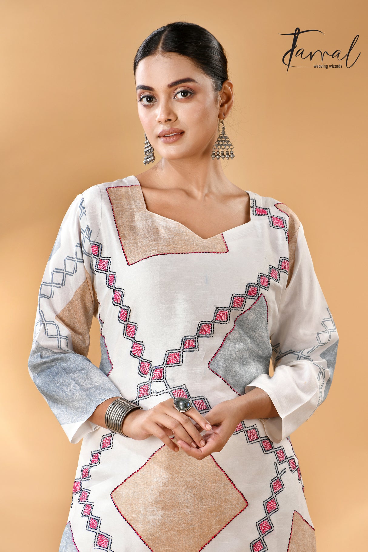 White with diamond motifs handcrafted batik with Kantha stitch work pure silk kurti