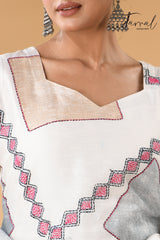 White with diamond motifs handcrafted batik with Kantha stitch work pure silk kurti