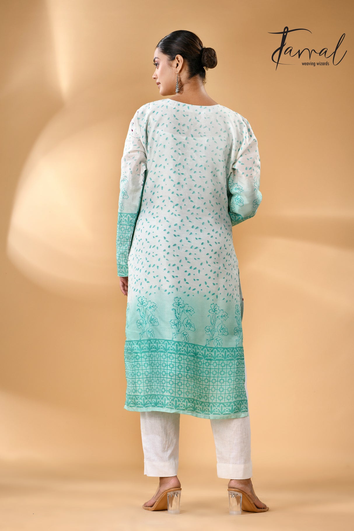 Offwhite with sea green floral handcrafted batik with Kantha stitch work pure silk kurti