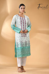 Offwhite with sea green floral handcrafted batik with Kantha stitch work pure silk kurti