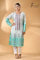 Offwhite with sea green floral handcrafted batik with Kantha stitch work pure silk kurti