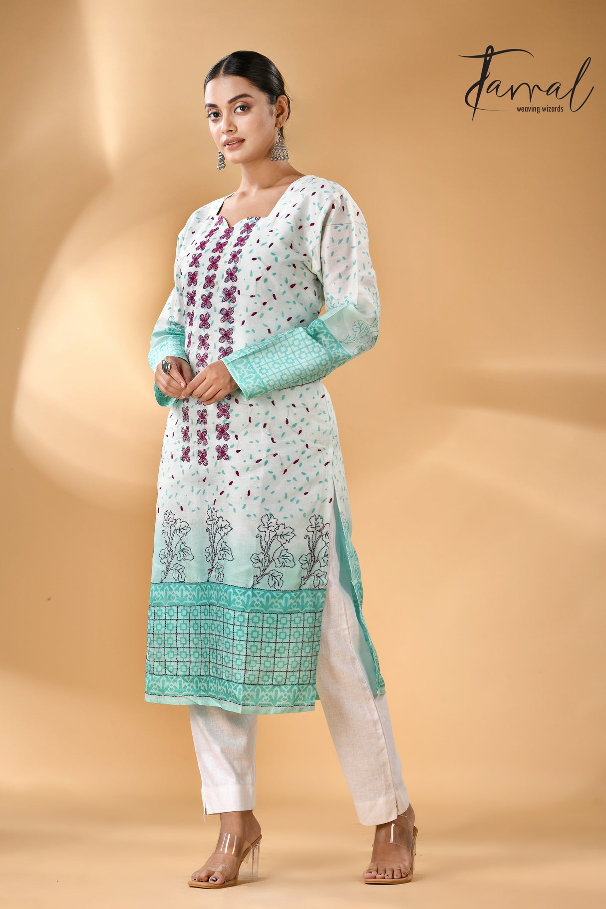 Offwhite with sea green floral handcrafted batik with Kantha stitch work pure silk kurti