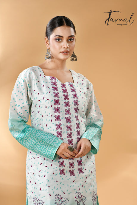 Offwhite with sea green floral handcrafted batik with Kantha stitch work pure silk kurti