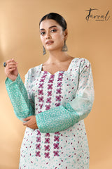 Offwhite with sea green floral handcrafted batik with Kantha stitch work pure silk kurti