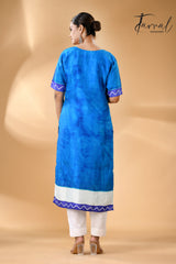 Blue geometric pattern handcrafted batik with Kantha stitch work pure silk kurti