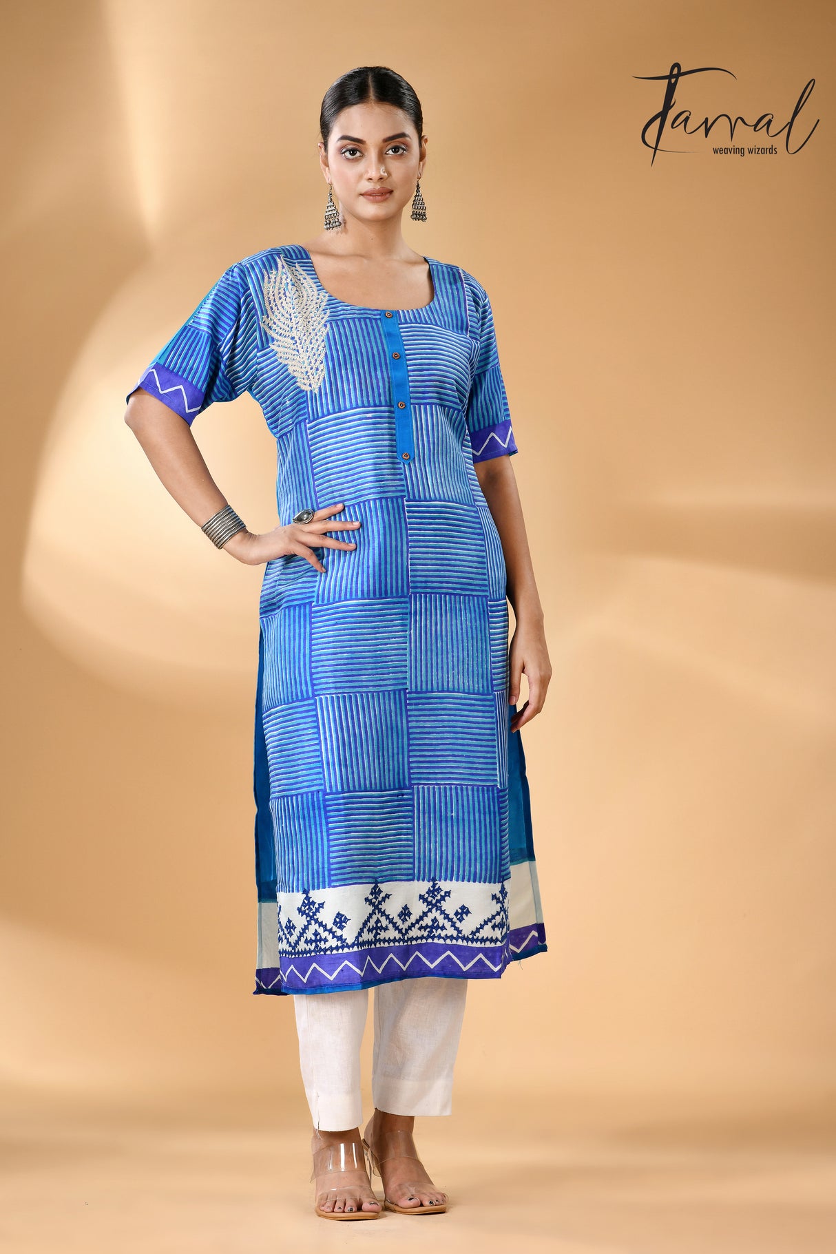 Blue geometric pattern handcrafted batik with Kantha stitch work pure silk kurti