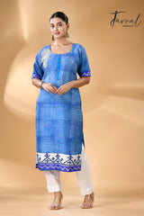 Blue geometric pattern handcrafted batik with Kantha stitch work pure silk kurti