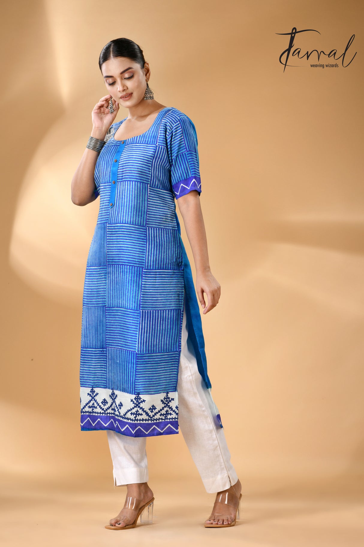 Blue geometric pattern handcrafted batik with Kantha stitch work pure silk kurti