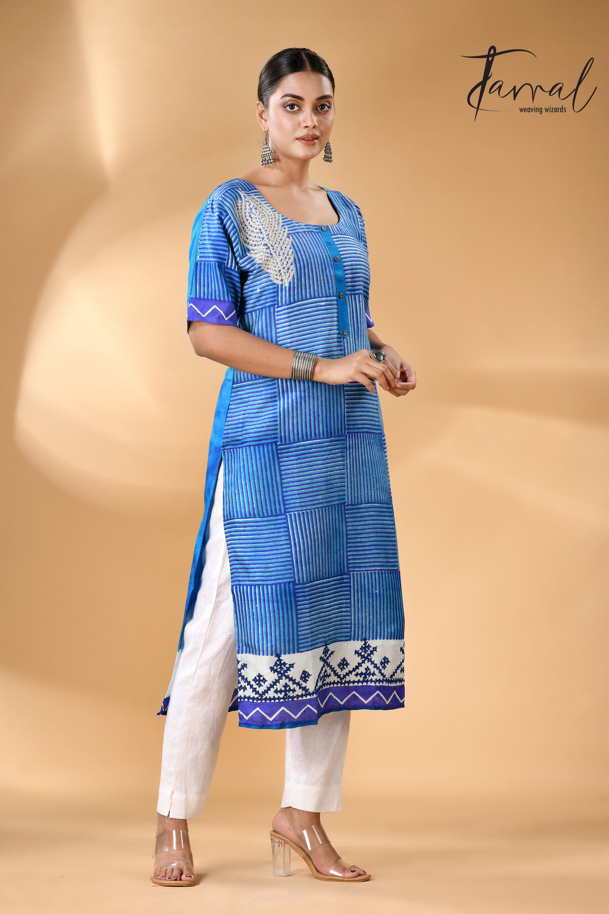 Blue geometric pattern handcrafted batik with Kantha stitch work pure silk kurti