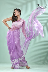 Lavender colour traditional handwoven muslin silk jamdani saree