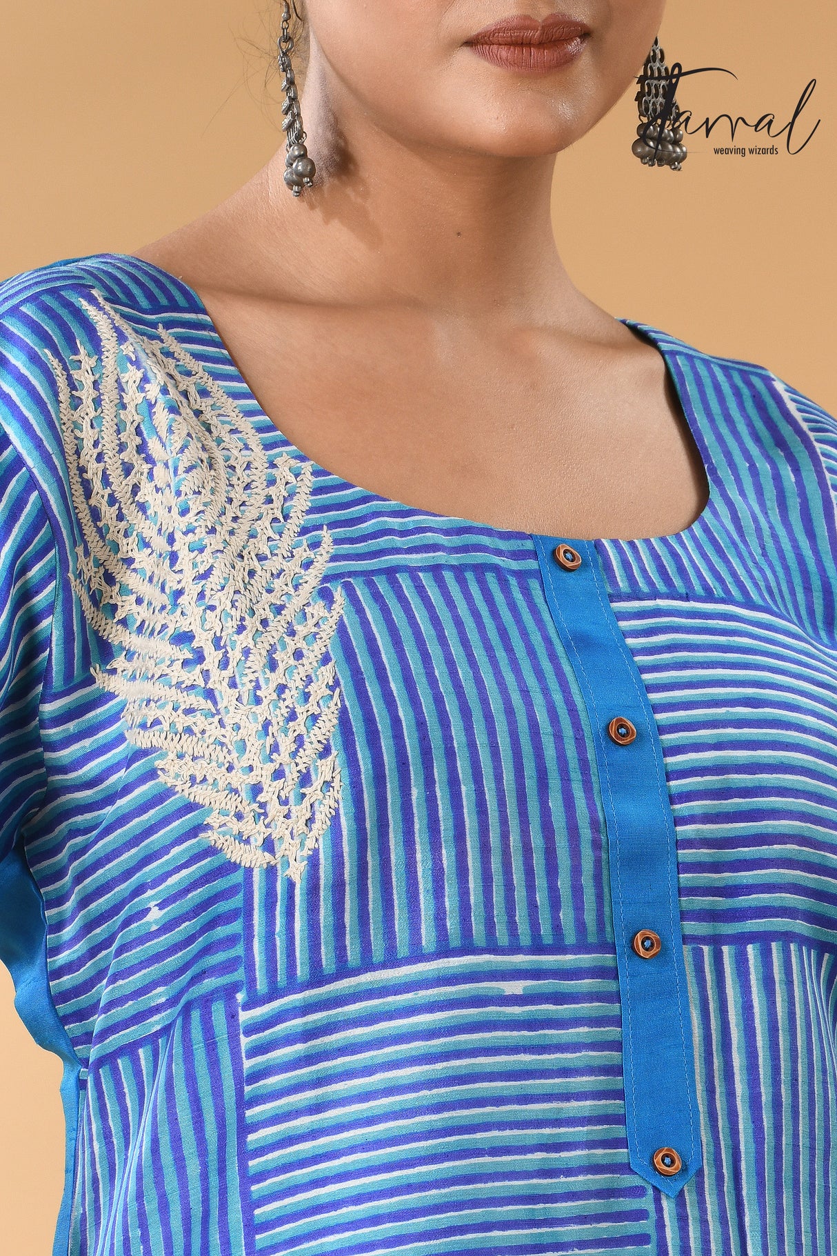 Blue geometric pattern handcrafted batik with Kantha stitch work pure silk kurti