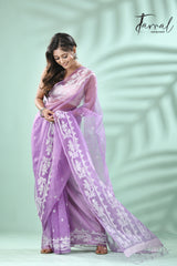 Lavender colour traditional handwoven muslin silk jamdani saree