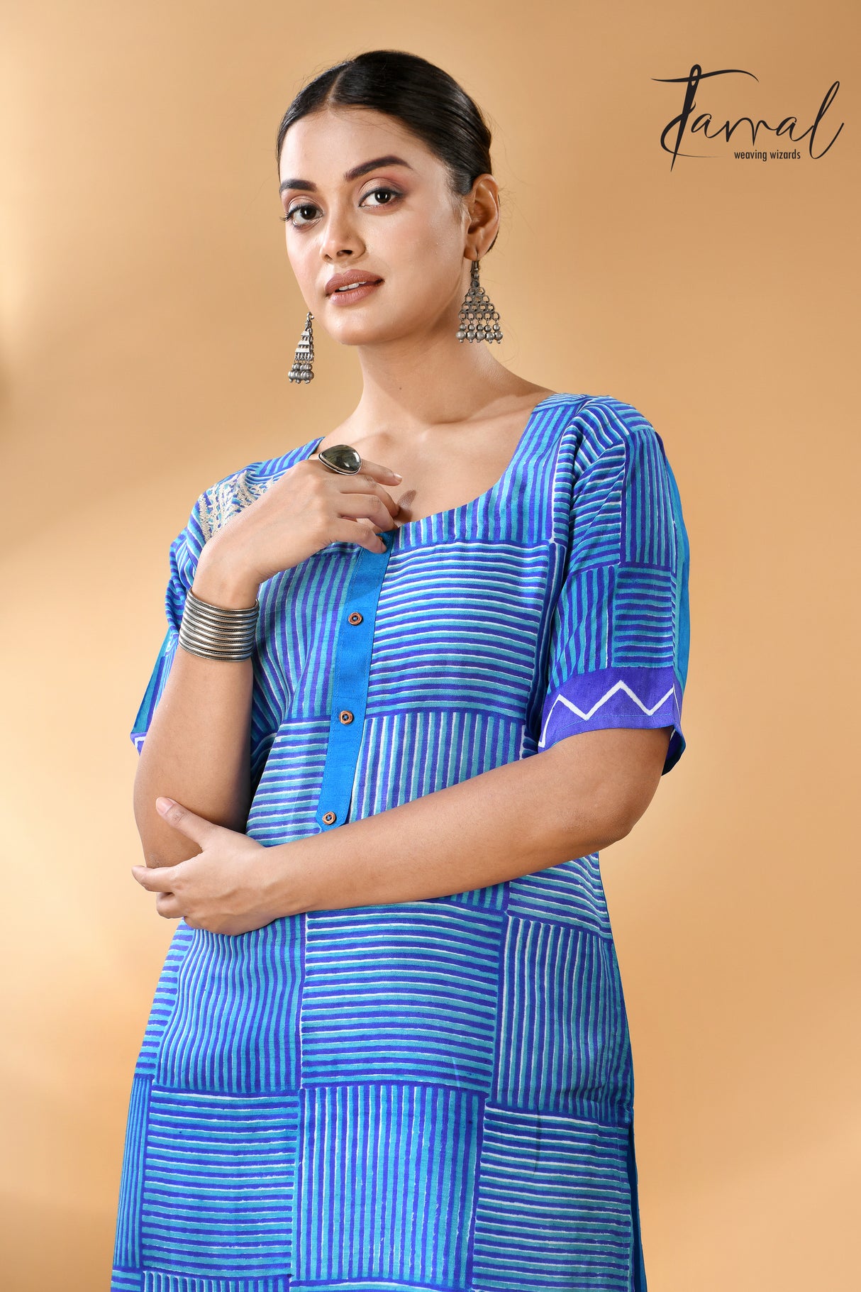 Blue geometric pattern handcrafted batik with Kantha stitch work pure silk kurti