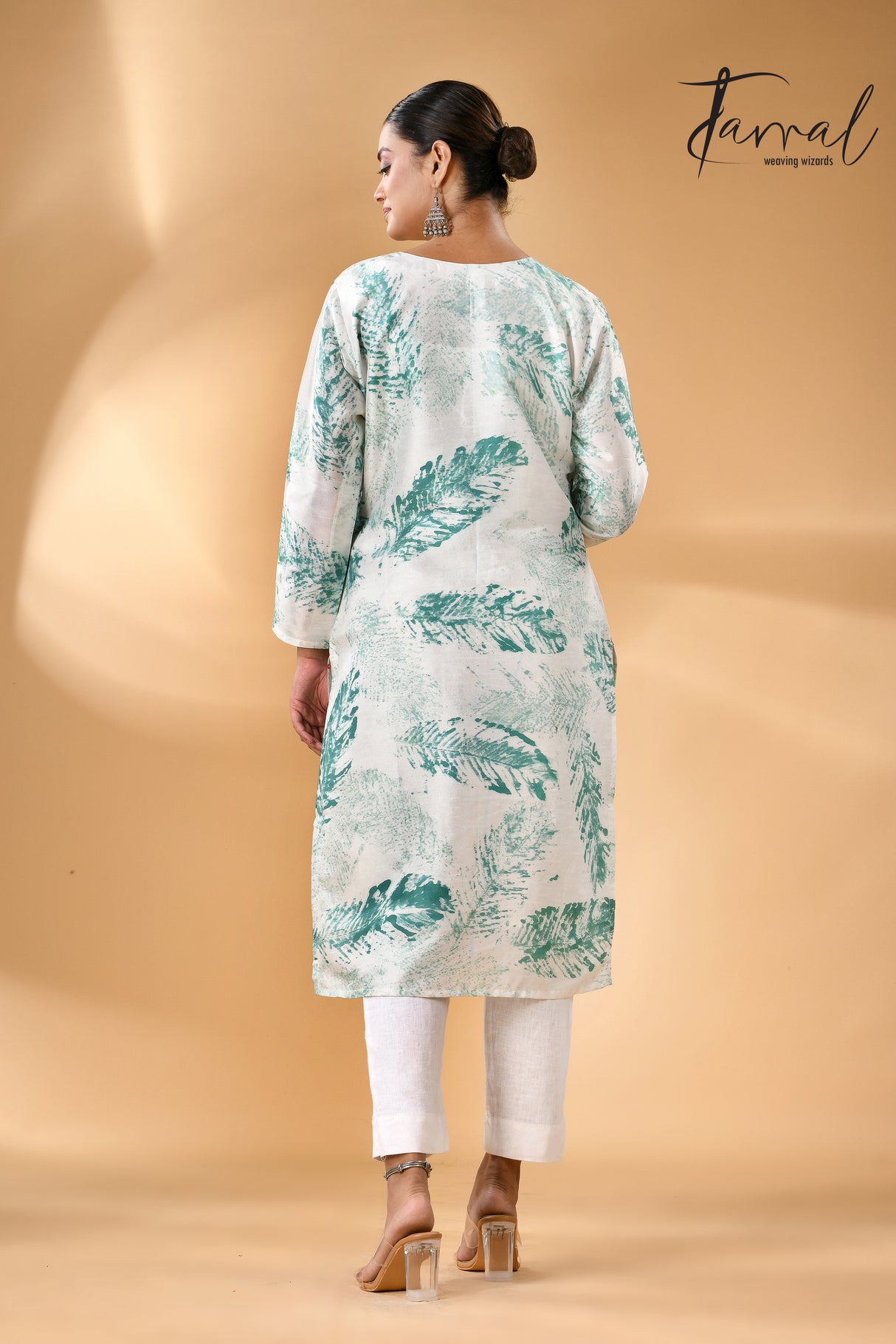 Offwhite with tale blue father motifs handcrafted batik with Kantha stitch work pure silk kurti