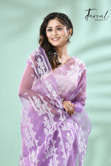 Lavender colour traditional handwoven muslin silk jamdani saree