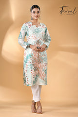 Offwhite with tale blue father motifs handcrafted batik with Kantha stitch work pure silk kurti